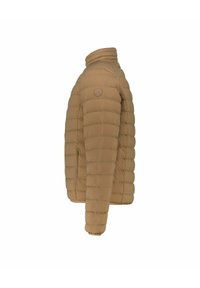 Giubbotto imbottito beige con colletto alto, motivo a righe orizzontali trapuntato e patch con logo sulla spalla. Tessuto liscio e design aderente.