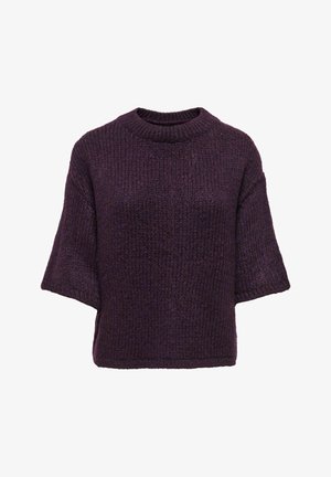 Pull violet épais en maille avec un col rond et des manches courtes et larges. Tissu texturé et coupe décontractée, avec un ourlet droit.