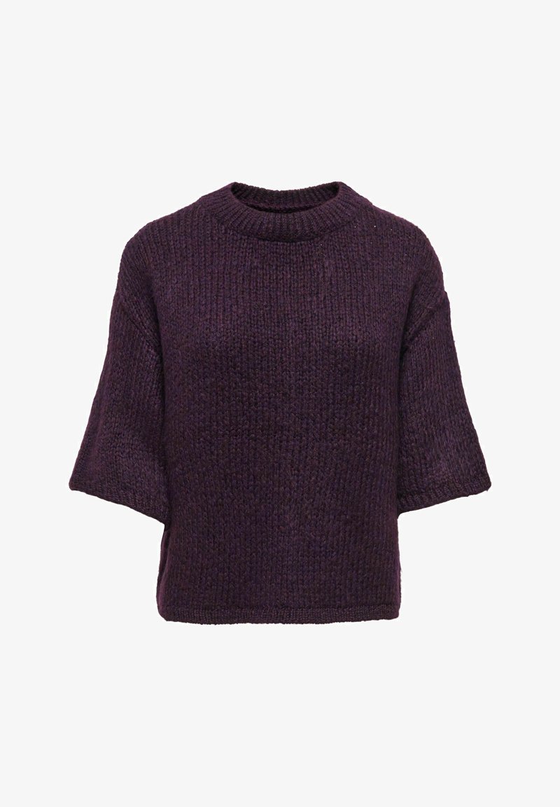 Pull violet épais en maille avec un col rond et des manches courtes et larges. Tissu texturé et coupe décontractée, avec un ourlet droit.