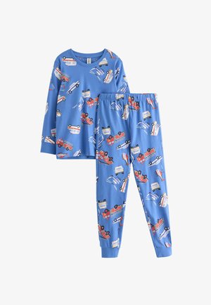Blåt bomuldspyjamasæt med en langærmet overdel og bukser. Design med forskellige køretøjer, herunder brandbiler og ambulancer.