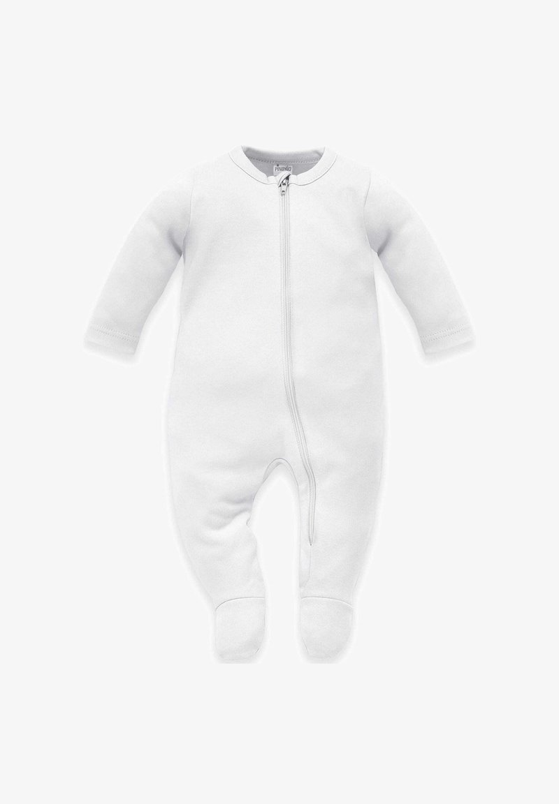 Białe bawełniane body z długimi rękawami, z pełnym zamkiem z przodu i nogawkami. Gładka tekstura o prostym, minimalistycznym wyglądzie.