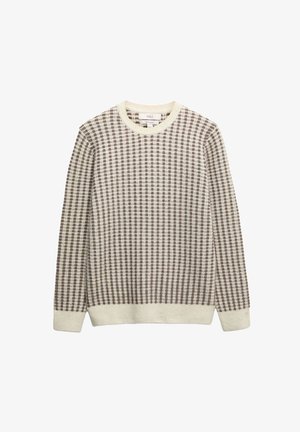 Uldtrøje med rund hals, der har et ternet mønster i brun og creme. Ribstrikkede manchetter og kant, blød tekstur, afslappet design.