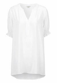 Blusa bianca, tessuto leggero, scollatura a V, maniche a sbuffo corte con dettaglio arricciato e orlo curvo, ideale per l'abbigliamento casual.