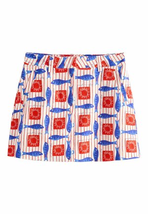 Short skirt with vertical red stripes, blue fish, and red sun block patterns on white fabric with belt loops.