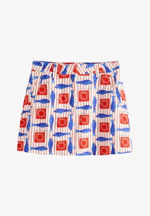 Short skirt with vertical red stripes, blue fish, and red sun block patterns on white fabric with belt loops.