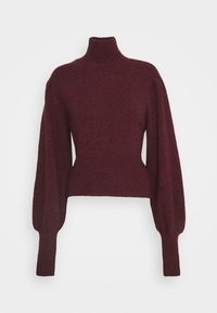 Pull en maille bordeaux avec un col haut, des manches longues bouffantes et un ourlet côtelé. Texture douce avec une silhouette ajustée.