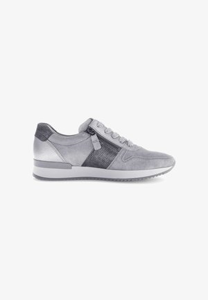 Silver athletic shoes made of mixed materials, featuring a smooth finish, textured accents, laces, and a rear zipper for easy access.