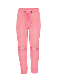 Pink sweatpants with a drawstring waist, featuring embroidered unicorn accents and colorful horn details on the knees. Soft fabric texture.