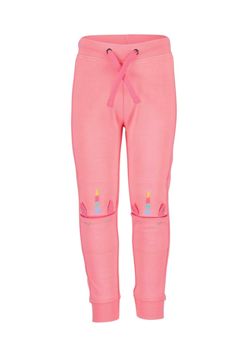 Pink sweatpants with a drawstring waist, featuring embroidered unicorn accents and colorful horn details on the knees. Soft fabric texture.