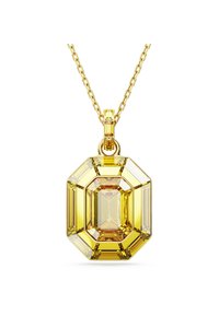 Guld kæderekke med en stor, facetteret ottekantet gul klassisk edelsten pendant med klare accenter, der fremhæver det geometriske design og den livlige farve.