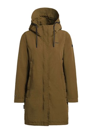 Olivnozeleni parka plašč z kapuco, s sprednjim zadrgo, vezalkami in stranskimi žepi. Narejen iz lahkega, teksturiranega materiala.