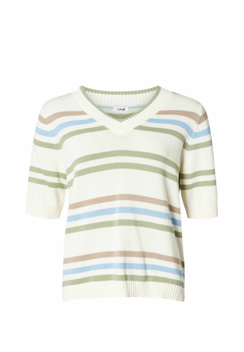 V-Ausschnitt-Pullover in hellem Creme mit abwechselnden horizontalen Streifen in Grün, Blau und Beige, mit kurzen Ärmeln und geripptem Saum.