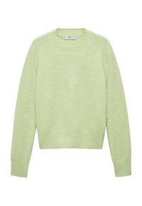 Světle zelený svetr z jemné, texturované látky. Má kulatý výstřih a žebrované manžety a lem. Klasicky tvarovaný s dlouhými rukávy.