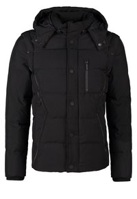 Czarna puchowa kurtka z kapturem, wyposażona w zapinaną na zamek kieszeń na piersi, przód na zatrzaski oraz przeszycia zapewniające izolację.