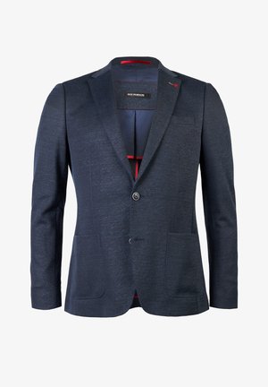 Marineblauer Blazer aus strukturiertem Stoff mit zwei Vorderaschen, Ein-Knopf-Verschluss und rotem Akzent im Futter. Maßgeschneidertes Design.