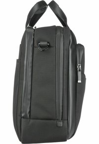 Sac à dos noir avec un corps en nylon texturé et des accents en cuir lisse, des bretelles ajustables, une poche latérale et des détails en métal sur la fermeture éclair.