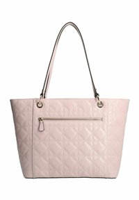 Sac cabas matelassé rose avec texture brillante, double poignées, poche avant zippée et accents métalliques argentés.