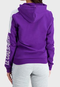 Felpa viola con accenti grigi, dotata di cappuccio, polsini a costine e grande testo bianco sulla manica. Materiale misto cotone con texture morbida.