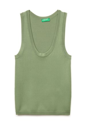 Top smanicato lavorato a maglia verde chiaro con scollo profondo arrotondato ed etichetta United Colors of Benetton all'interno del colletto.