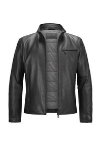 Schwarze Lederjacke mit Stehkragen, ausgestattet mit einer Reißverschlusstasche auf der Brust und zwei Seitentaschen, graues gesteppte Futter innen sichtbar.