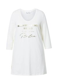 Weißes T-Shirt mit langen Ärmeln und metallic-goldener Schrift, die "Arco Della Pace Milano" und "Piazza Sempione Italia" liest. Weicher Stoff.