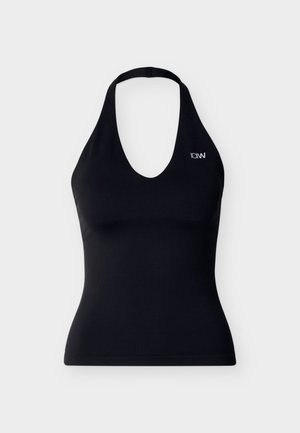 Zwarte haltertop zonder mouwen met diepe V-hals en klein wit ICANIWILL-logo op de bovenste linkerborst.