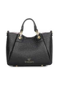 Borsa a mano nera in pelle con finitura testurizzata, con dettagli in hardware dorato, manici superiori e un interno rosa. Presenta un logo del marchio sul davanti.
