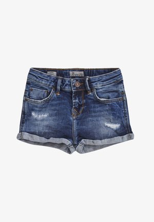 Pantalones cortos de mezclilla azul para niñas con puños remangados, botón delantero, cremallera y un ligero desgaste en los bolsillos delanteros y las piernas.