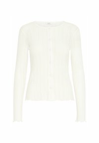 Biały, długi kardigan z długim rękawem wykonany z prążkowanego materiału, z okrągłym dekoltem, zapięciem na guziki oraz falbaniastym wykończeniem.