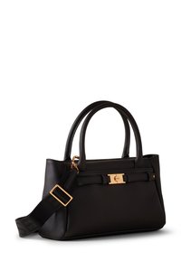 Black leather handbag with dual handles, gold hardware, and an adjustable shoulder strap featuring a patterned accent; rectangular shape.