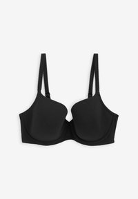 Reggiseno nero con ferretto, coppe modellate lisce e spalline regolabili su sfondo bianco semplice.