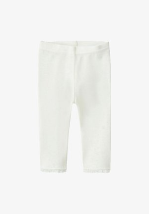 Hvide strikkede leggings med et struktureret mønster, blødt stof og en blondekant nederst på benene. Har elastik i taljen.