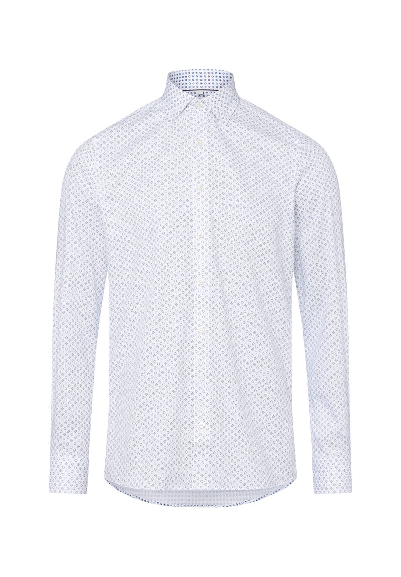 Weißes Langarmhemd mit kleinen blauen geometrischen Mustern, Button-Down-Kragen und abgerundetem Saum, aus leichtem Baumwollstoff gefertigt.