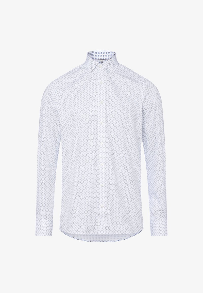 Camicia bianca a maniche lunghe con piccoli motivi geometrico blu, colletto a bottoni e orlo curvo, realizzata in tessuto di cotone leggero.