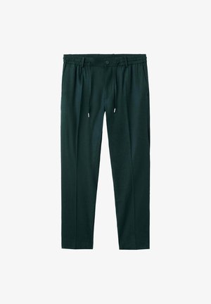 Dark green straight-leg pants with elastic waistband, button closure, drawstring, and side pockets, suitable for casual wear.