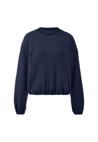 Marineblaue Fleece-Sweatshirt mit rundem Halsausschnitt, langen Ärmeln, elastischen Bündchen und einem verkürzten Saum, der zwei Fronttaschen besitzt.