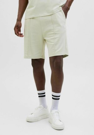 Hellgrüne Shorts mit elastischem Bund, flachen Taschen, strukturiertem Stoff und Logodetail an der Seite. Kombiniert mit weißen Sneakern und gestreiften Socken.