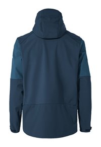 Veste bleu marine avec capuche, présentant un design bicolore et une texture lisse. Manches longues avec poignets réglables et coupe décontractée.