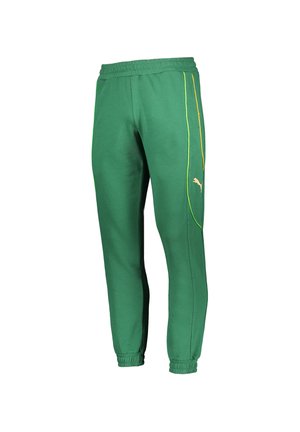 Grüne Baumwoll-Jogginghosen mit elastischem Bund und Bündchen. Verfügt über gelbe Seitenstreifen und ein kleines goldenes Logo am linken Bein.