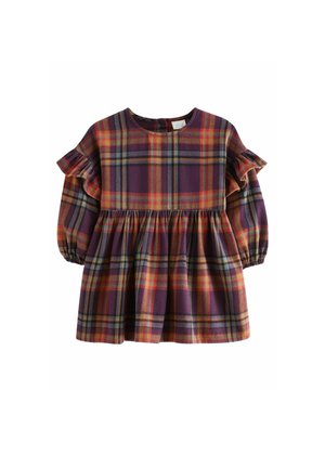 Robe à carreaux pour tout-petit en violet, rouge et jaune avec de longues manches bouffantes et des détails à volants sur les épaules.