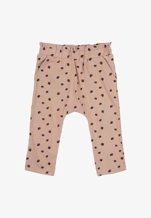 Világos rózsaszín nadrág, puha anyagból, rugalmas derékkal és oldalzsebekkel; kis sötét virágminták díszítik az egész felületet.