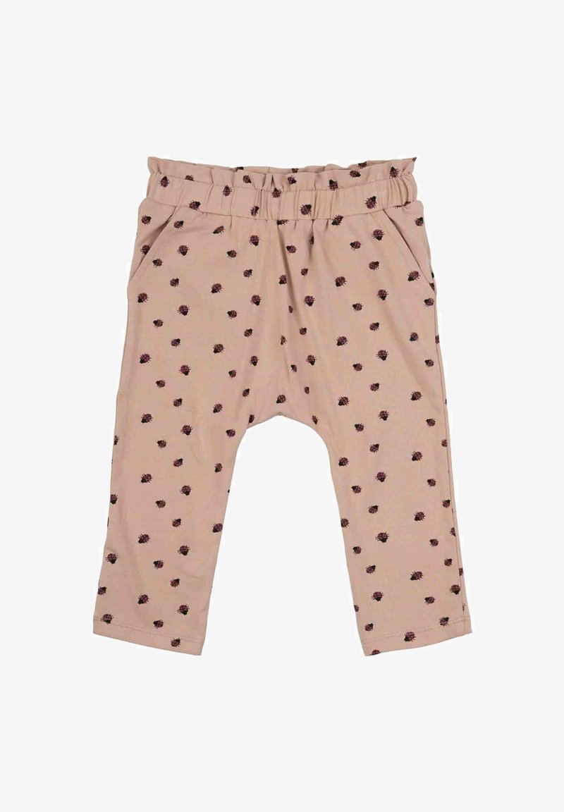 Svetlo roza hlače iz mehkega materiala z elastičnim pasom in stranskimi žepi; so okrašene z majhnimi temnimi cvetličnimi vzorci.