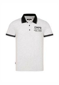 Weißes Poloshirt aus Baumwolle mit schwarzem Kragen und Ärmelsäumen. Mit vorderseitigem Textdruck und einem Drei-Knopf-Verschluss. Reguläre Passform.