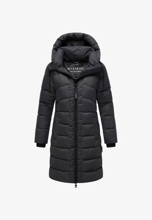 Schwarze gepolsterte Winterjacke mit hohem Kragen, Kapuze, vollständigem Reißverschluss, Seitentaschen und elastischen Bündchen, mit einem gesteppten Design.
