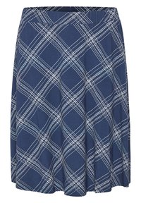 Laivasto hame valkoisella ruutukuviolla, joustava vyötärö, polvipituinen ja pehmeä kangas. Variaatio mahdollistaa liikkumisen vaivattomasti.