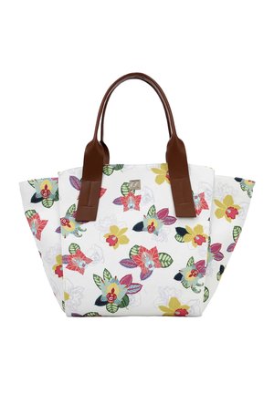 Borsa tote bianca con motivo floreale colorato e manici in pelle marrone, con design strutturato a lati larghi per spazio extra.