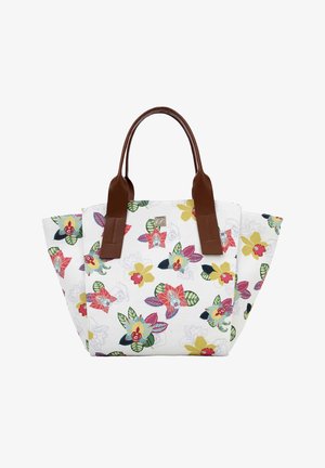 Borsa tote bianca con motivo floreale colorato e manici in pelle marrone, con design strutturato a lati larghi per spazio extra.