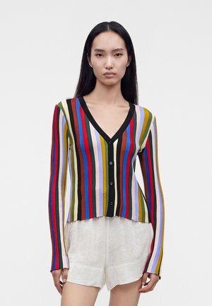Ung kvinde med langt sort hår iført en farverig cardigan med vertikale striber og hvide linnedshorts mod en ensfarvet baggrund.