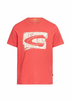 Coral cotton t-shirt with short sleeves, featuring a white graphic logo in a rectangular border on the front. Classic crewneck design.
