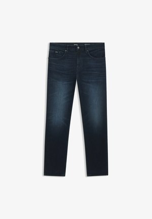 Jean bleu foncé en denim, avec une coupe droite, un style à cinq poches et un léger effet délavé à l'avant.